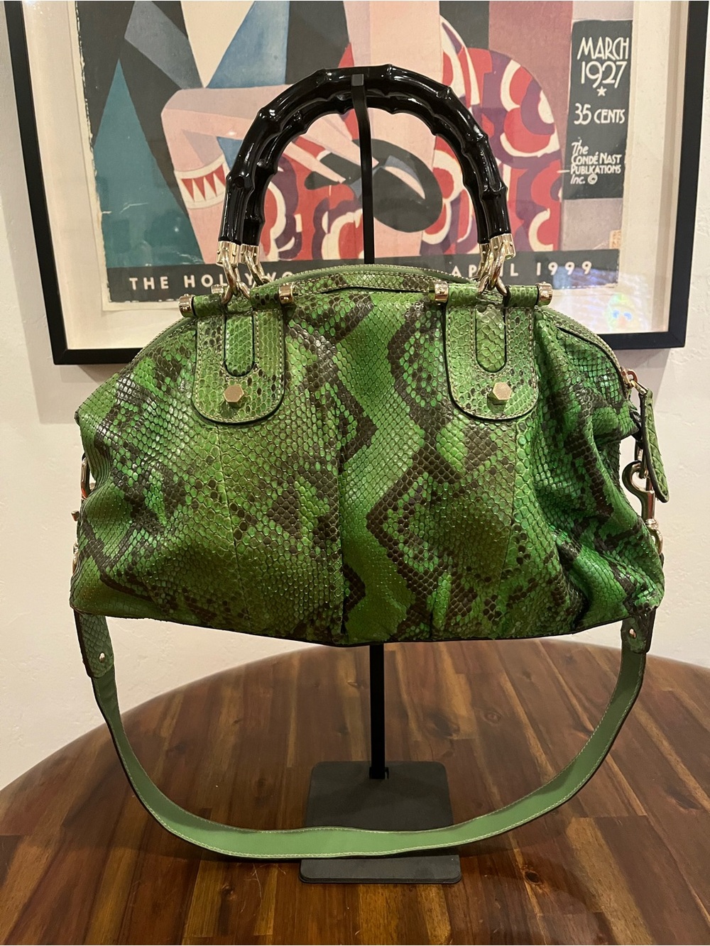 Gucci Green Python Satchel with Black Bamboo Handles